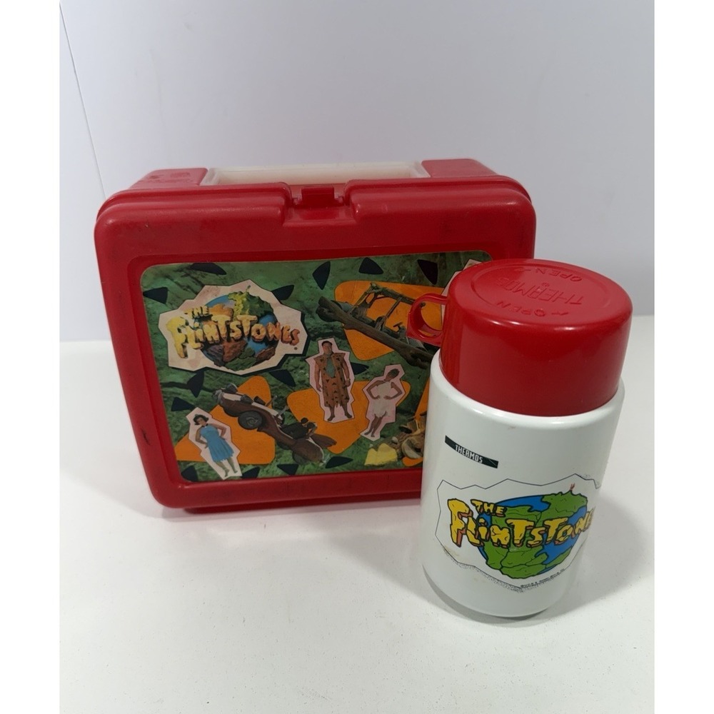 Vintage Thermos The Flintstones Red Plastic Lunchbox with Matching Thermos 1994